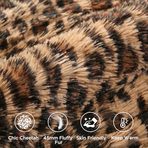 Melo10PM Cheetah Print Fluffy Faux Fur Comforter Set Queen Size, 3 Pieces Brown Leopard Plush Shaggy Fuzzy Bedding Set, Ultra Soft Luxury Furry Boho Animal Print Winter Warm Comforter for Women Gilrs Melo10PM