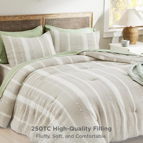 Bedsure Waffle Queen Comforter Set - Linen Soft Cotton Bedding Set for All Seasons, Stripe Fluffy Bed Set 3 Pieces with 1 Waffle Weave Comforter Queen Size and 2 Pillow Shams Bedsure