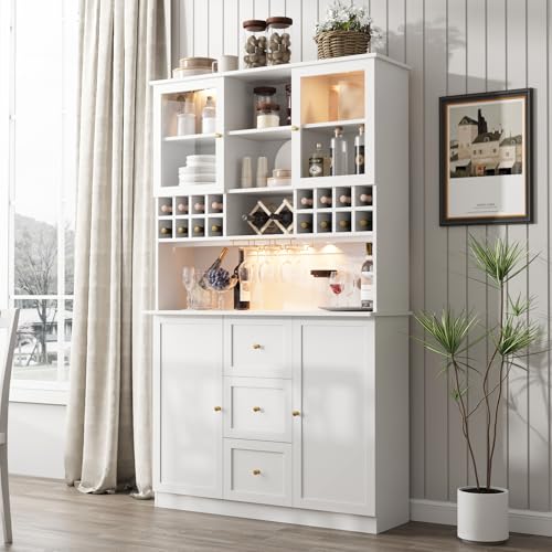 VOWNER 78'' Bar Cabinet with LED Light and Storage Shelves, Tall Freestanding Liquor Cabinet with Wine & Glasses Rack, Storage Cabinet for Kitchen,Dining Room, White VOWNER