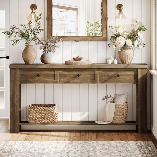 Tribesigns 70.9-Inch Long Console Table with 3 Drawers, Farmhouse Entryway Table with Storage, Rectangular Narrow Sofa Table Behind the Couch, Accent Table for Hallway, Living Room, Entrance, Brown Tribesigns