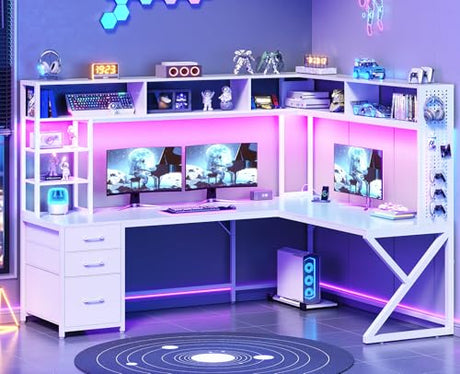 SEDETA Corner Computer Desk, Convertible 94.5" Gaming Desk with Storage Drawers, Hutch and Pegboard, L Shaped Office Desk with Power Outlet, LED Lights for Home Office, White SEDETA