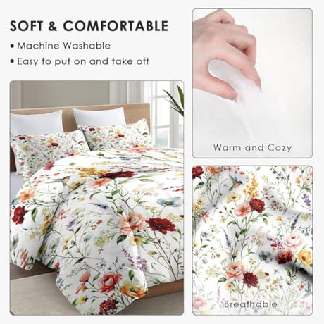 WeCozy Queen Size Comforter Set with 2 Pillowcases, Wildflower Flower Floral 3 Pcs Bedding for Kids and Adults, Boho Watercolor Butterfly Soft Comforter Set for Bedroom Bed Decor WeCozy
