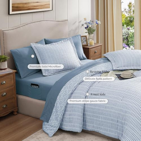 BLOOMHAVEN Queen Comforter Set - 7 Pieces Blue Gauze Muslin Bedding Sets for All Seasons, Lightweight Breathable Bed in a Bag Queen with Revesible Farmhouse Comforter, Sheets, Pillowcases & Shams BLOOMHAVEN
