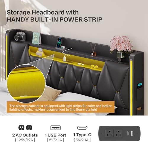 Dnxao King Size Floating Bed Frame with Storage Headboard, Tall 44" Upholstered Platform Bed with Charging Station, Dual-Zone LED Lights, No Box Spring Needed, PU Black Dnxao