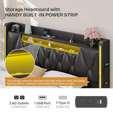 Dnxao King Size Floating Bed Frame with Storage Headboard, Tall 44" Upholstered Platform Bed with Charging Station, Dual-Zone LED Lights, No Box Spring Needed, PU Black Dnxao