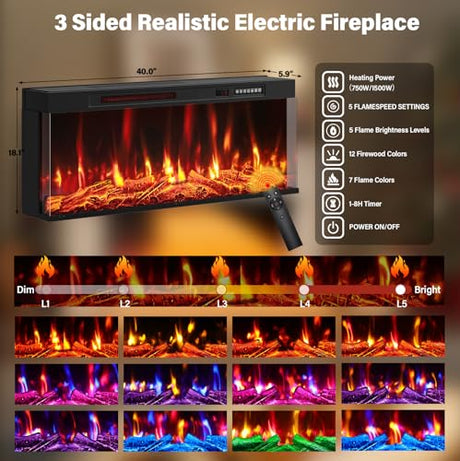BREEZEHEAT 61" Electric Fireplace with Mantel, Freestanding Fireplace Heater TV Stand with 40" 3-Side Glass Insert for TVs Up to 70" with 2 Drawers for Living Room, Antique White BREEZEHEAT