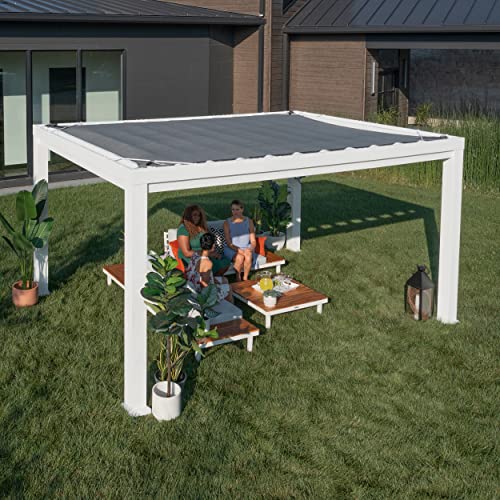 Backyard Discovery 14x10 Windham White Galvanized Steel Pergola w/Sail Shade Soft Canopy, Withstand Winds up to 100 MPH, Rust Resistant, Steel Anchoring Plates, Easy Assembly, USB, Electrical Outlets Backyard Discovery