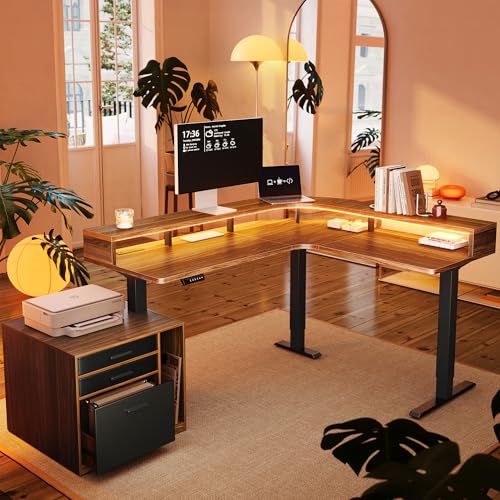 HUANUO Electric L Shaped Standing Desk with File Cabinet, 63" x 55" 2-Tier Height Adjustable Sit Stand up Desk with LED Strip, Power Outrlets & Cable Management Tray, Corner Computer Table, Walnut HUANUO