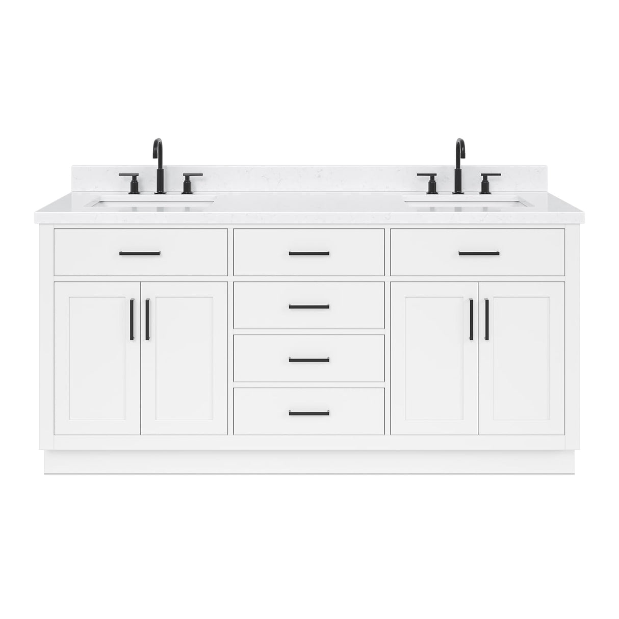 ARIEL Hepburn 72" White Double Vanity, 1.5" Edge Carrara Quartz Countertop & Splash, Rectangular Sinks, 4 Soft Closing Doors, 6 Full Extension Dovetail Drawers, Toe Kick, Matte Black ARIEL