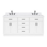 ARIEL Hepburn 72" White Double Vanity, 1.5" Edge Carrara Quartz Countertop & Splash, Rectangular Sinks, 4 Soft Closing Doors, 6 Full Extension Dovetail Drawers, Toe Kick, Matte Black ARIEL