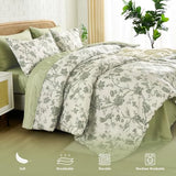 Luxudecor Floral King Comforter Set 7 Pieces Bed in a Bag, Sage Green Flower with Bird Bedding Set, Soft Reversible Comforter with Sheet Set 104"x90" Luxudecor