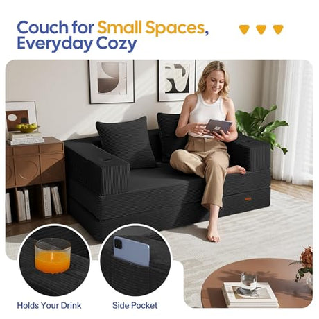 COMAX Futon Sofa Bed, 4‑in‑1 Convertible Sofa Bed, Folding Boneless Couches for Living Room, Fold Out Small Foldable Loveseat Floor Sleeper Comfy Mattress Lounge Space‑Saving, Black COMAX