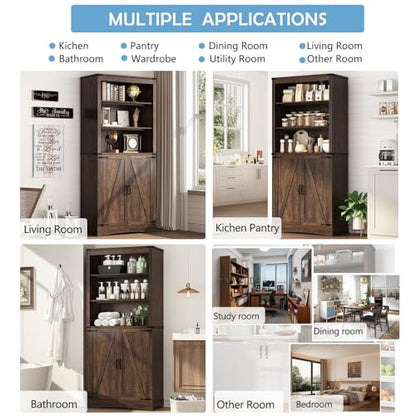 Tall Farmhouse Kitchen Pantry Cabinet with Adjustable Shelves and Barn Doors - Hlivelood 71" Brown Storage Solution - WoodArtSupply