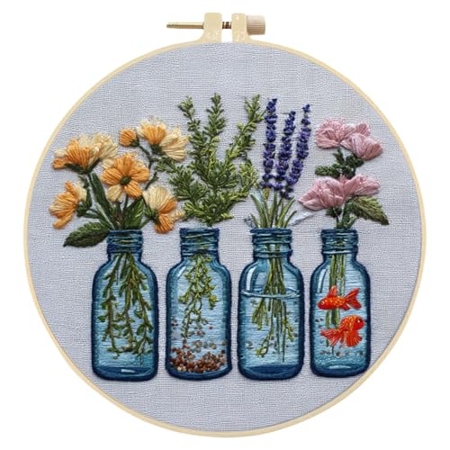 FRANDEK DIY Four Vase Bouquets Embroidery Kit for Beginner, Stamped Handicraft Needlework Set, Full Thread Palette with Needles & Fabric for Adults, Artisan Handmade Home Decor Gift