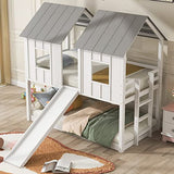 Merax Twin-Over-Twin Wooden House Bunk Bed with Slide, Windows, Ladder and Guardrails, Twin Size White House Bunk Bed Merax