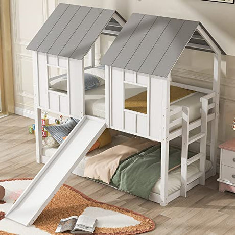 Merax Twin-Over-Twin Wooden House Bunk Bed with Slide, Windows, Ladder and Guardrails, Twin Size White House Bunk Bed Merax