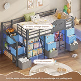 VIAGDO Low Loft Bed Twin Size with 9 Storage Drawers, Bookcase and LED Lights, Metal Kids Loft Bed with Wide Staircase, Open Shelves and Safety Guardrail, Twin Loft Bed with Under-Bed Playhouse, Grey VIAGDO