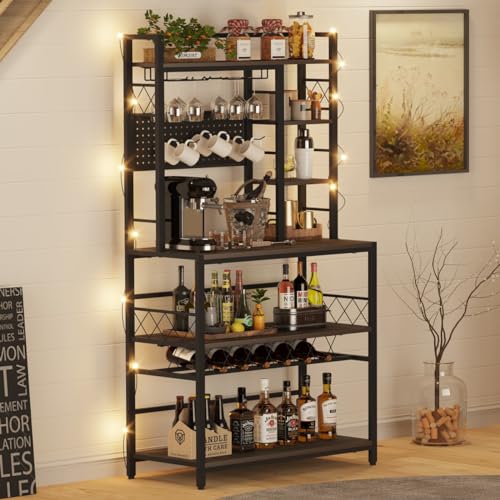 Aubtik Wine Rack Freestanding Floor, Liquor Bar Cabinet with Storage, Coffee Bar Table with Glass Holder，Bakers Stand for Home, 33.5" Wide (Walnut Brown)