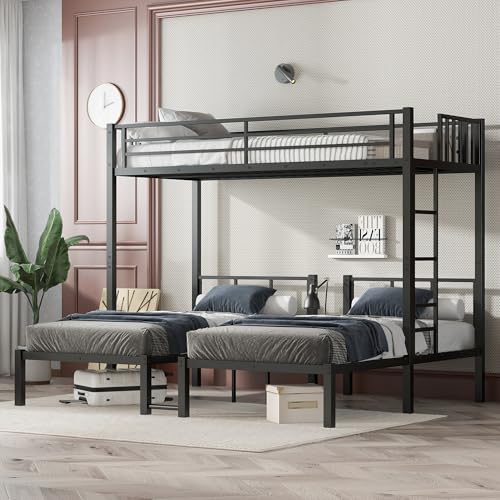 Bellemave Metal Twin Over Twin Over Twin Bunk Beds for 3 Kids, Heavy Duty Triple Bunk Bed Frame with Built-in Desk,3 Bed Bunk Beds,Twin Size Triple Bed,Detachable,Black Bellemave