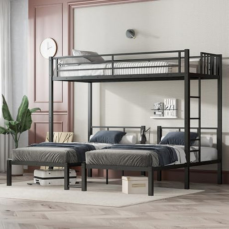 Bellemave Metal Twin Over Twin Over Twin Bunk Beds for 3 Kids, Heavy Duty Triple Bunk Bed Frame with Built-in Desk,3 Bed Bunk Beds,Twin Size Triple Bed,Detachable,Black Bellemave