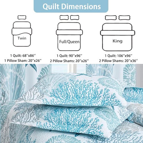 Tritard 3 Piece Coastal Quilt Sets Full/Queen Size - Reversible Microfiber Quilts with 2 Shams Soft Lightweight Beach Bedding Nautical Bedspread Coverlet Summer Comforter for All Season, 90''x96'', C1 Tritard