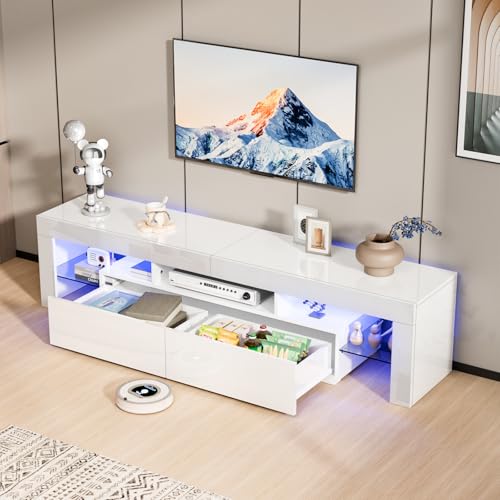 VINGLI LED TV Stand, 71'' Modern Entertainment Center with LED Lights and Storage for 65/70/75/85 Inch TV (White, 71'' x 14'' x 18'')