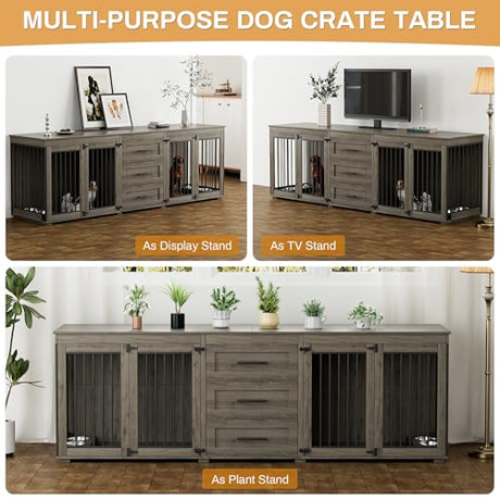 OUYESSIR 94.5" Large Dog Crate Furniture for 2 Dogs, Double Wooden Dog Kennel Furniture with 4 Dog Bowls & 3 Drawers, Heavy Duty Indoor Furniture Style Dog Cage TV Stand/Table/House, Grey OUYESSIR