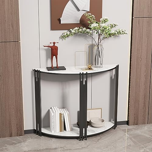 Wisfor Sintered Stone Console Table: Half Round White Entryway Table with Black Frame - Modern Narrow Sofa End Table - Semicircular Accent Table for Hallway, 39.4x11.8x30.7 inch Wisfor