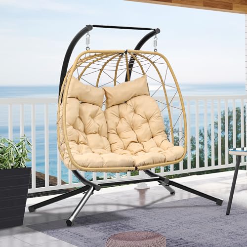 YITAHOME Patio Love Seats Chair with Stand Double Egg Chair, 2 Person Couple Wicker Rattan Chair Outdoor Egg Chair with Cushions 500lbs for Patio, Garden, Poolside and Balcony, Beige