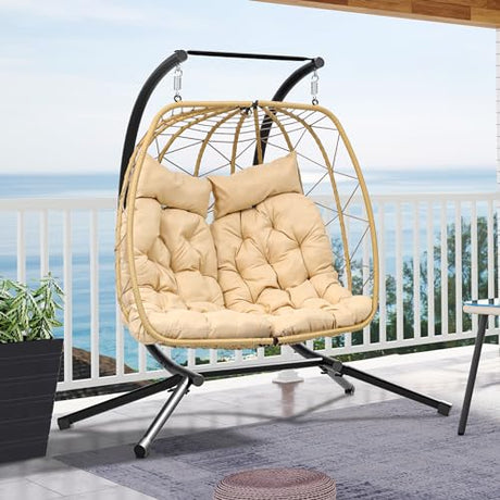 YITAHOME Patio Love Seats Chair with Stand Double Egg Chair, 2 Person Couple Wicker Rattan Chair Outdoor Egg Chair with Cushions 500lbs for Patio, Garden, Poolside and Balcony, Beige YITAHOME
