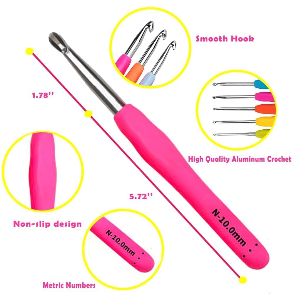 Yarniss Crochet Hooks,14 Size Crochet Set 2mm(B)-10mm(N), Ergonomic Crochet Hooks Set with Case for Beginner,Long Crochet Needles Yarniss