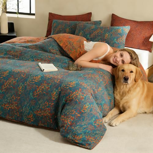 BISELINA 100% Cotton Muslin Duvet Cover Set Queen, 3 Pcs Yarn-Dyed Jacquard Textured Reversible Floral Design, Soft and Breathable Bedding Set with Zipper Closure, Blue Orange BISELINA