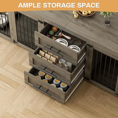 OUYESSIR 94.5" Large Dog Crate Furniture for 2 Dogs, Double Wooden Dog Kennel Furniture with 4 Dog Bowls & 3 Drawers, Heavy Duty Indoor Furniture Style Dog Cage TV Stand/Table/House, Grey OUYESSIR