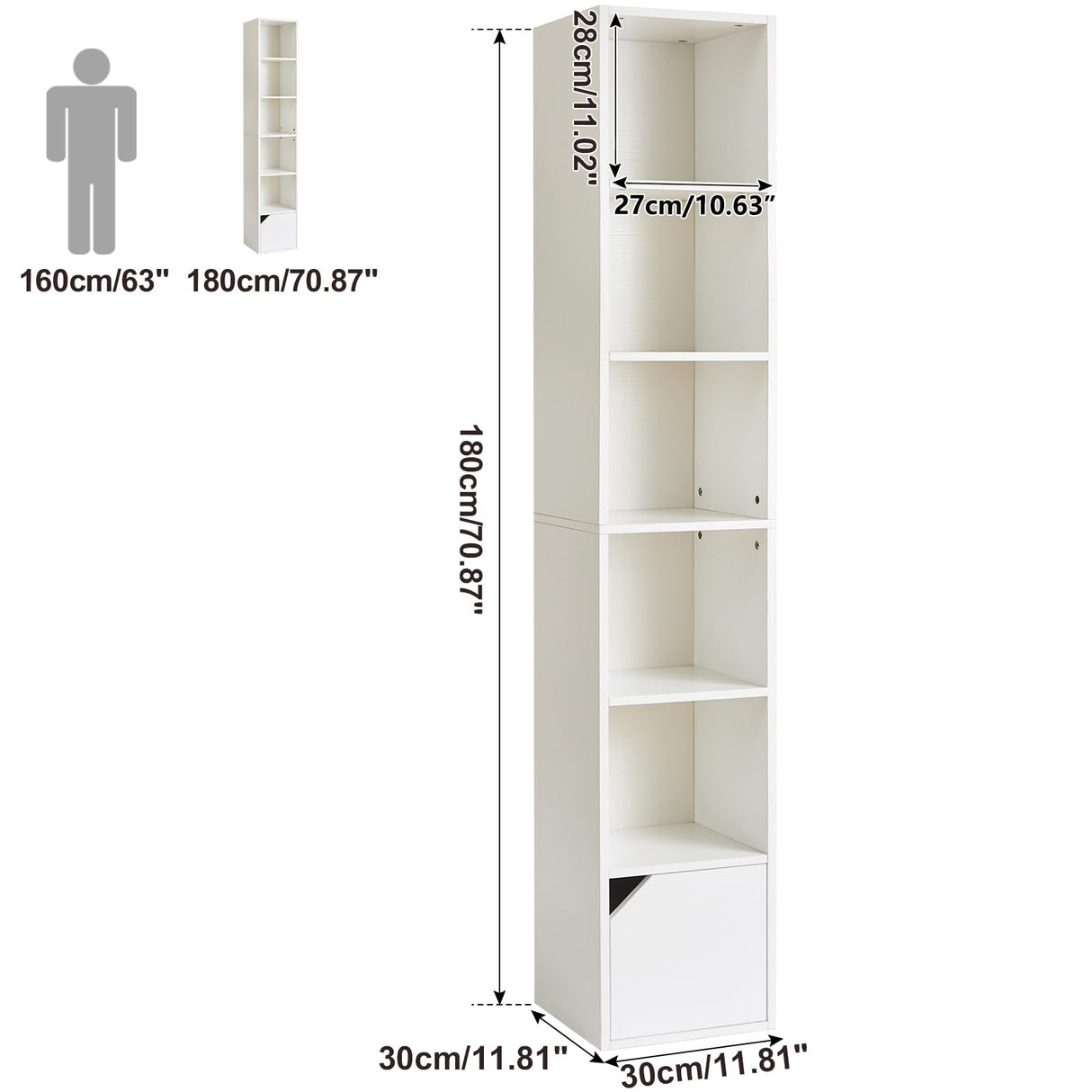 IBUYKE 6 Tier Narrow Bookcase with Doors, Cube CD DVD Storage Cabinet,Slim Media Tower Rack,Cabinet,White Bookcase Display Storage Shelves for Small Spaces,for Home Office White UWBC001W IBUYKE