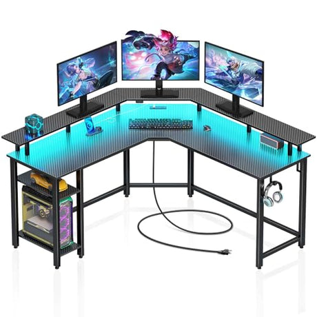 Rolanstar L Shaped Gaming Desk with LED Lights & Power Outlets, 53" Computer Desk with Full Monitor Stand & Storage Shelf, Corner Desk with Hooks, Carbon Fiber Desk Reversible Rolanstar