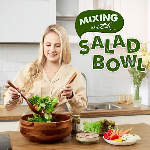 Tidita 12" Salad Bowl Set with 2 Wooden Hands - Large Acacia Wood Serving Bowl with Serving Utensils - Big Mixing Bowl for Fruits, Salad,Pasta for Kitchen Counter (12" Diameter x 4.5" Height) Tidita