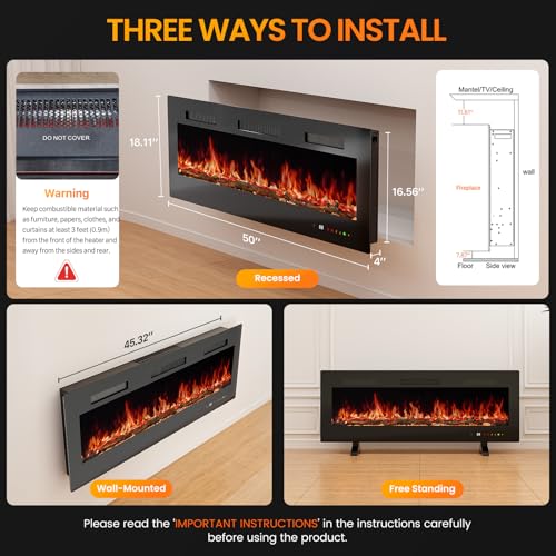 Sweetcrispy 50” Electric Fireplace Insert, Wall Mounted & Recessed Fireplace, 1500W Freestanding Fireplace Heater with Remote & Touch Panel Control, Adjustable Flame Effect, 12H Timer for Indoor use Sweetcrispy