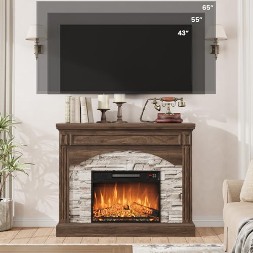 IDEALHOUSE Fireplace TV Stand for 65 Inch TVs, Farmhouse Tall Wood Entertainment Center with Electric Fireplace & Mantel, Adjustable 3D Flame, Remote Control, Walnut Finish for Living Room, Walnut IDEALHOUSE