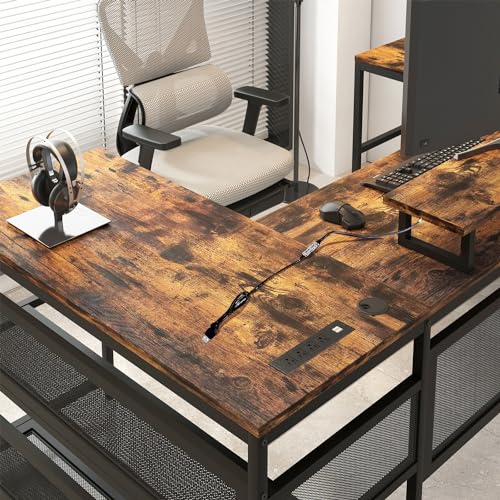 Saranya 18 Shop New Modern Brown U Shaped Gaming Desk Computer 3 Spacious Desktop 4 Storage Racks Shelf Cabinet Shelves LED Lights Reversible Home Office 81.9”L x 42.5”W x 30.5”H of Set, 366302510310 WoodArtSupply