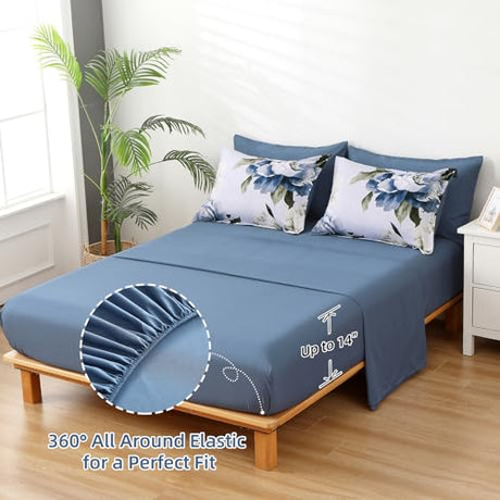 Dobuyly Blue Queen Comforter Set 7 Piece Bed in a Bag Queen, Blue Floral Print on Light Blue Comforter Set with Sheets, Soft Microfiber Complete Bedding Set for All Season Dobuyly