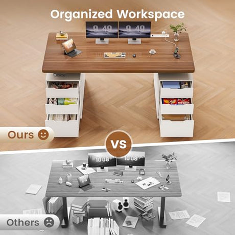 SEDETA Electric Standing Desk with 6 Drawers, 55" Adjustable Stand up Desk with Storage, Computer Desks with Power Outlets for Home Office, White SEDETA