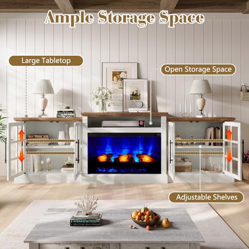 LUXOAK 97" Farmhouse TV Stand with 33" Fireplace for TVs up to 100", Media Entertainment Center with Large Storage Cabinet Adjustable Shelves for Living Room, White/Barnwood LUXOAK