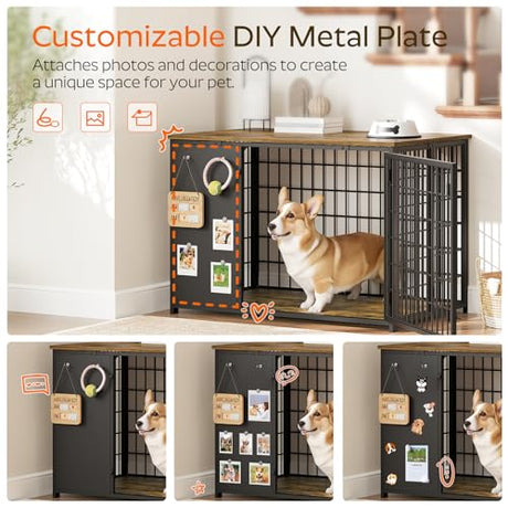 YATINEY Foldable Dog Crate Furniture, Dog Crate with DIY Frame, Heavy Duty Dog Kennel Indoor with Hooks, Wooden Dog Cage End Table, for Small/Medium Dogs, Rustic Brown and Black DC95BR YATINEY