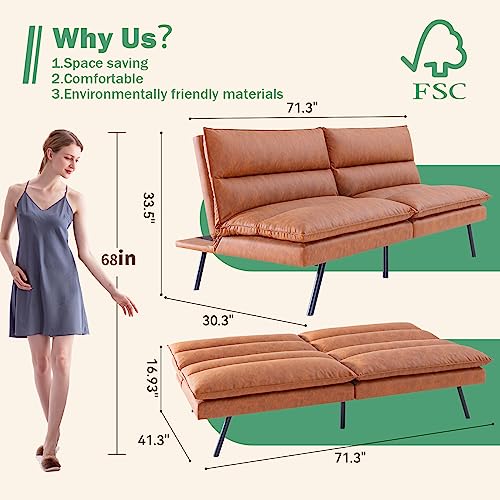 Vyfipt Futon Sofa Bed/Couch,3” Memory Foam Small Splitback Sofa,Faux Leather Modern Loveseat for Living Room,Apartment,Studio,Guest Room,Home Office,71" L (Brown) Vyfipt