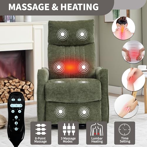 High Back Massage Recliner with Heat - Swivel Rocking Chair for Small Spaces, Manual Lazy Boy Recliner for Adults, Perfect for Living Room & Bedroom, Soft Fabric (Antique Green)