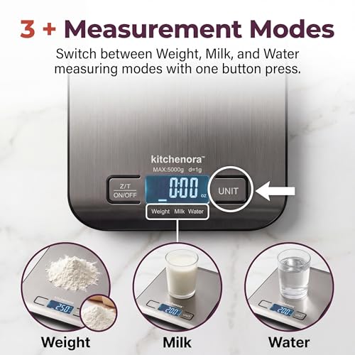 KitchenOra Digital Food Kitchen Scale, 11lb/5kg Capacity with 1g Precision, 5 Units (g/oz/lb:oz/ml/fl'oz), 304 Stainless Steel Surface, Backlit LCD, Tare Function for Cooking, Baking, Keto & Meal Prep
