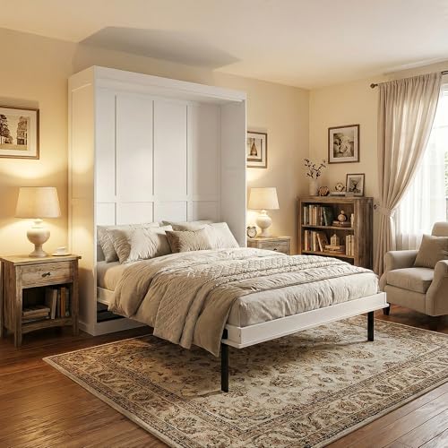 SOFTSEA Queen Murphy Bed with Rotating Frame, Storage Shelves, Foldable Wall Bed Frame with Bookcase, Hidden Murphy Bed Cabinet for Home Office, Guest Room, Space-Saving, White SOFTSEA