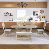 LUMISOL Dining Table Set for 6, Wood Half Round Dining Table Set with Long Bench and 4 Upholstered Chairs Solid Wood Dining Table Set, Modern Kitchen Table Set for 6 Persons, Natural LUMISOL