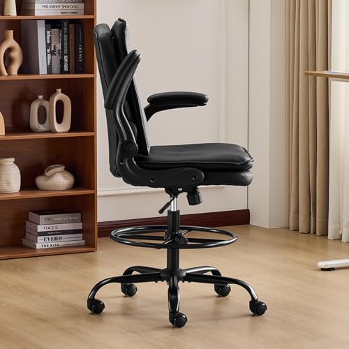 Karl home Drafting Chair Height Adjustable for Standing Desk, PU Upholstered Tall Office Swivel Desk Chair with Flip-Up Armrests, Ergonomic Lumbar Support, Adjustable Foot Ring, Black Karl home