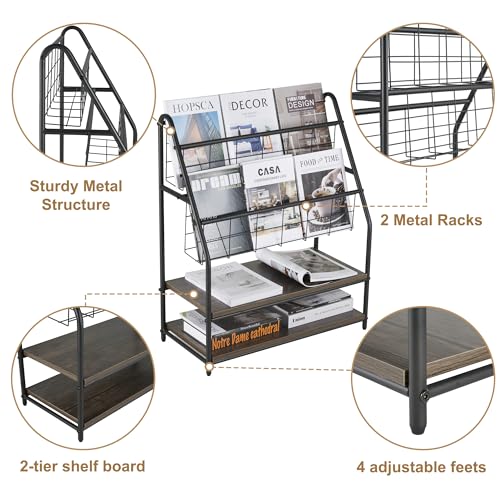 VECELO Magazine Rack FloorStanding,Magazine Display Stand Brochures Newspaper Holders,with 2 Shelves Board for Office,Library,Exhibition Hall,Hospital Indoor&Outdoor,Grey VECELO